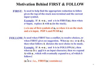 95
Motivation Behind FIRST & FOLLOW
FIRST:
FOLLOW:
Is used to help find the appropriate reduction to follow
given the top-of-the-stack non-terminal and the current
input symbol.
Example: If A   , and a is in FIRST(), then when
a=input, replace A with  (in the stack).
( a is one of first symbols of , so when A is on the stack
and a is input, POPA and PUSH .)
Is used when FIRST has a conflict, to resolve choices, or
when FIRST gives no suggestion. When    or   ,
then what follows A dictates the next choice to be made.
Example: If A   , and b is in FOLLOW(A ), then
when    and b is an input character, then we expand
A with  , which will eventually expand to , of which b
follows!
(   : i.e., FIRST( ) contains .)
*
*
*
 