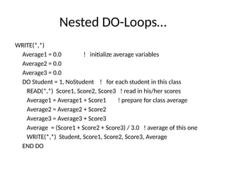 Nested DO-Loops…
WRITE(*,*)
Average1 = 0.0 ! initialize average variables
Average2 = 0.0
Average3 = 0.0
DO Student = 1, NoStudent ! for each student in this class
READ(*,*) Score1, Score2, Score3 ! read in his/her scores
Average1 = Average1 + Score1 ! prepare for class average
Average2 = Average2 + Score2
Average3 = Average3 + Score3
Average = (Score1 + Score2 + Score3) / 3.0 ! average of this one
WRITE(*,*) Student, Score1, Score2, Score3, Average
END DO
 