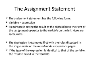 The Assignment Statement
 The assignment statement has the following form:
 Variable = expression
 Its purpose is saving the result of the expression to the right of
the assignment operator to the variable on the left. Here are
some rules:
 The expression is evaluated first with the rules discussed in
the single mode or the mixed mode expressions pages.
 If the type of the expression is identical to that of the variable,
the result is saved in the variable.
 