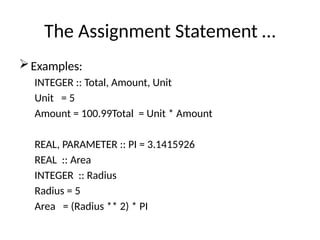 The Assignment Statement …
Examples:
INTEGER :: Total, Amount, Unit
Unit = 5
Amount = 100.99Total = Unit * Amount
REAL, PARAMETER :: PI = 3.1415926
REAL :: Area
INTEGER :: Radius
Radius = 5
Area = (Radius ** 2) * PI
 