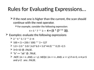 Rules for Evaluating Expressions…
if the next one is higher than the current, the scan should
continue with the next operator.
For example, consider the following expression:
4 + 5 * 7 ** 3 = 4 + (5 * (7 ** 3)).
 Examples: evaluate the following expressions
 2 * 4 * 5 / 3 ** 2 =4
 100 + (1 + 250 / 100) ** 3 = 127
 1.0 + 2.0 * 3.0/ ( 6.0*6.0 + 5.0*44.0) ** 0.25 =2.5
 3+5>10  .FALSE.
 “b” == “ab”  .TRUE.
 .NOT. (m > n .AND. x < y) .NEQV. (m <= n .AND. x >= y) if m=3, n=4,x=5
and y=2 ans: .FALSE.
 