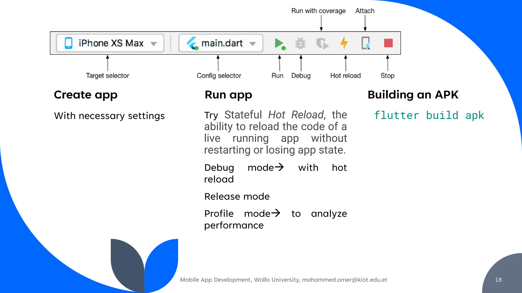 With necessary settings
Mobile App Development, Wollo University, mohammed.omer@kiot.edu.et
Try Stateful Hot Reload, the
ability to reload the code of a
live running app without
restarting or losing app state.
Debug mode→ with hot
reload
Release mode
Profile mode→ to analyze
performance
Create app Run app
flutter build apk
Building an APK
18
 