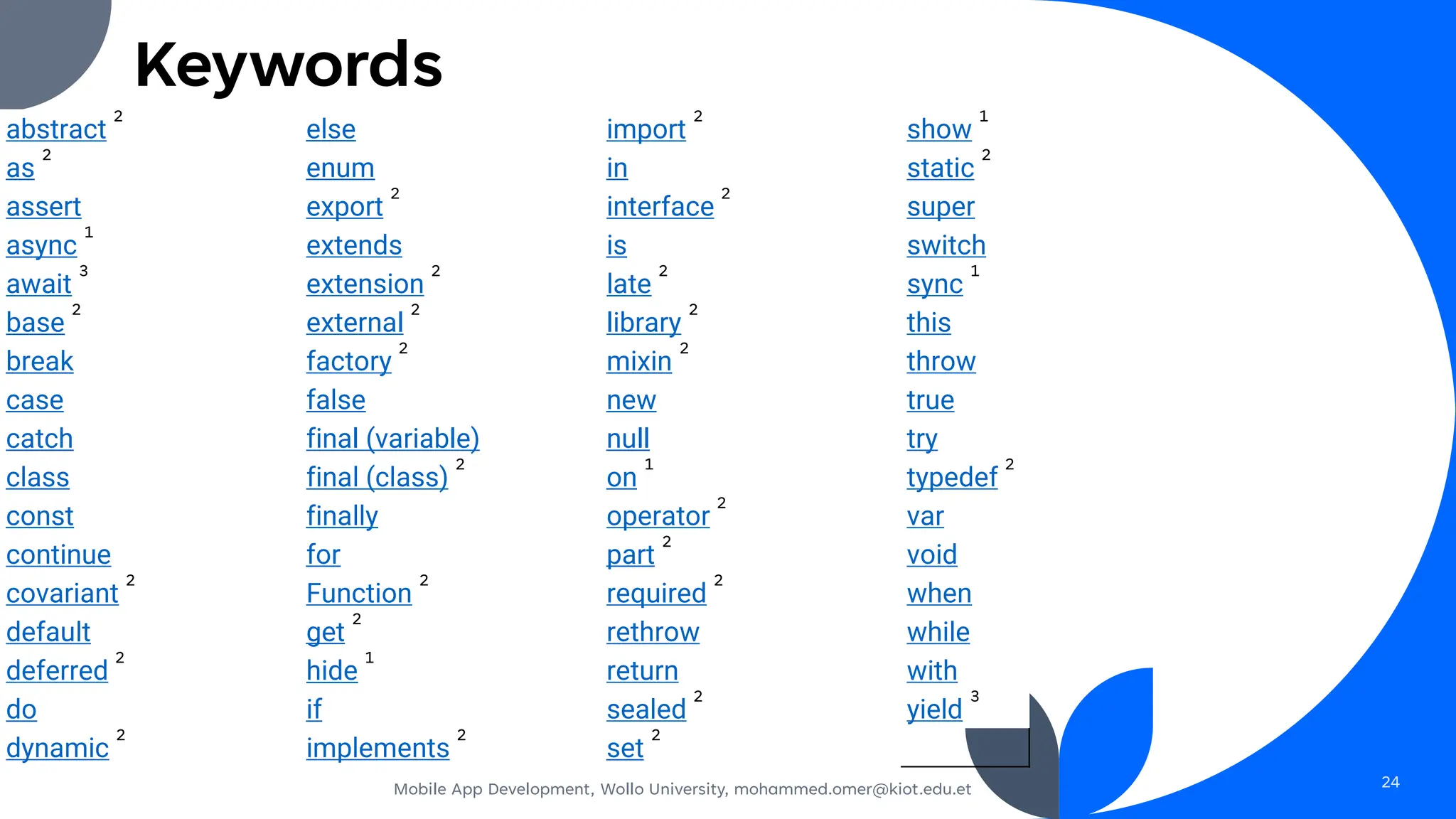 Keywords
abstract
2
else import
2
show
1
as
2
enum in static
2
assert export
2
interface
2
super
async
1
extends is switch
await
3
extension
2
late
2
sync
1
base
2
external
2
library
2
this
break factory
2
mixin
2
throw
case false new true
catch final (variable) null try
class final (class)
2
on
1
typedef
2
const finally operator
2
var
continue for part
2
void
covariant
2
Function
2
required
2
when
default get
2
rethrow while
deferred
2
hide
1
return with
do if sealed
2
yield
3
dynamic
2
implements
2
set
2
Mobile App Development, Wollo University, mohammed.omer@kiot.edu.et 24
 