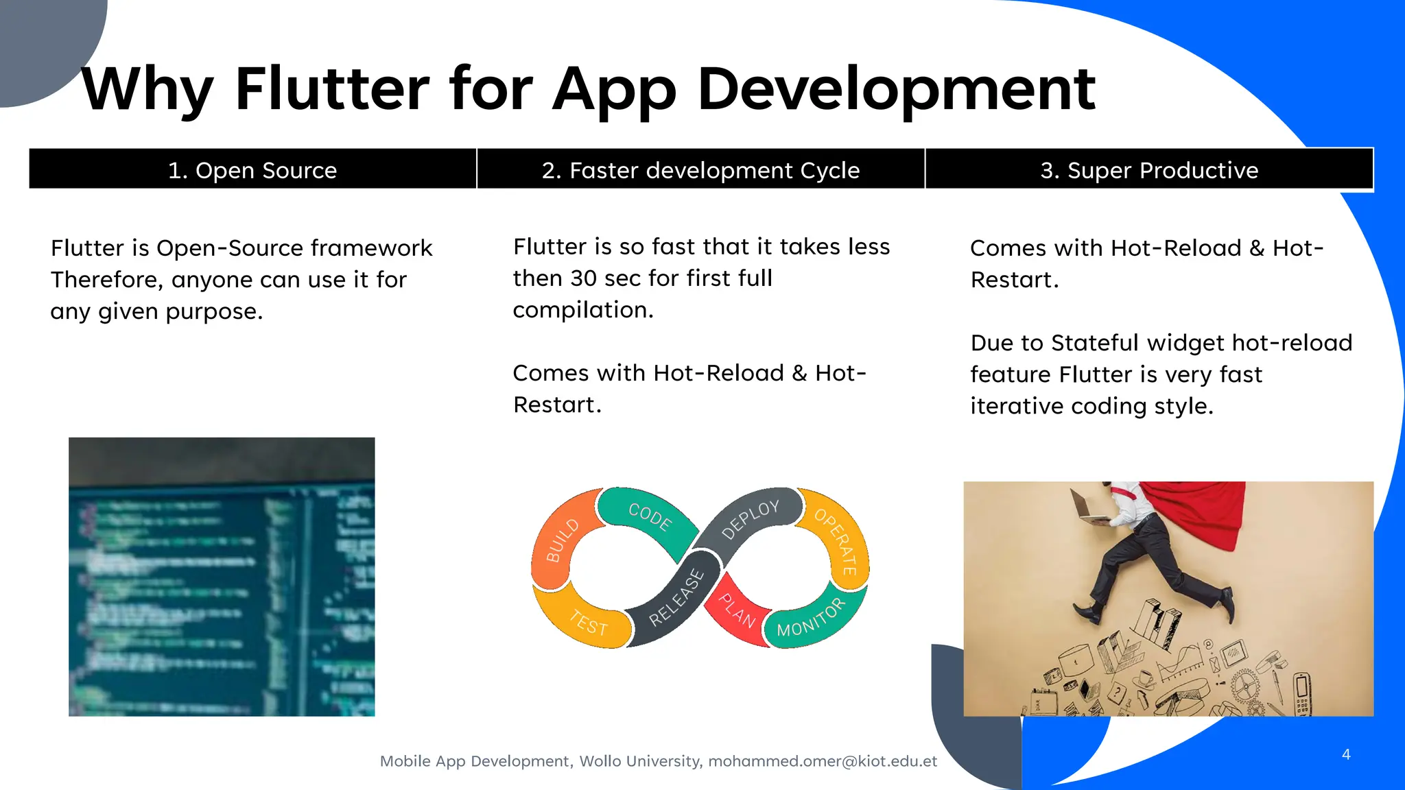 Why Flutter for App Development
1. Open Source 2. Faster development Cycle 3. Super Productive
Flutter is Open-Source framework
Therefore, anyone can use it for
any given purpose.
Flutter is so fast that it takes less
then 30 sec for first full
compilation.
Comes with Hot-Reload & Hot-
Restart.
Comes with Hot-Reload & Hot-
Restart.
Due to Stateful widget hot-reload
feature Flutter is very fast
iterative coding style.
Mobile App Development, Wollo University, mohammed.omer@kiot.edu.et 4
 