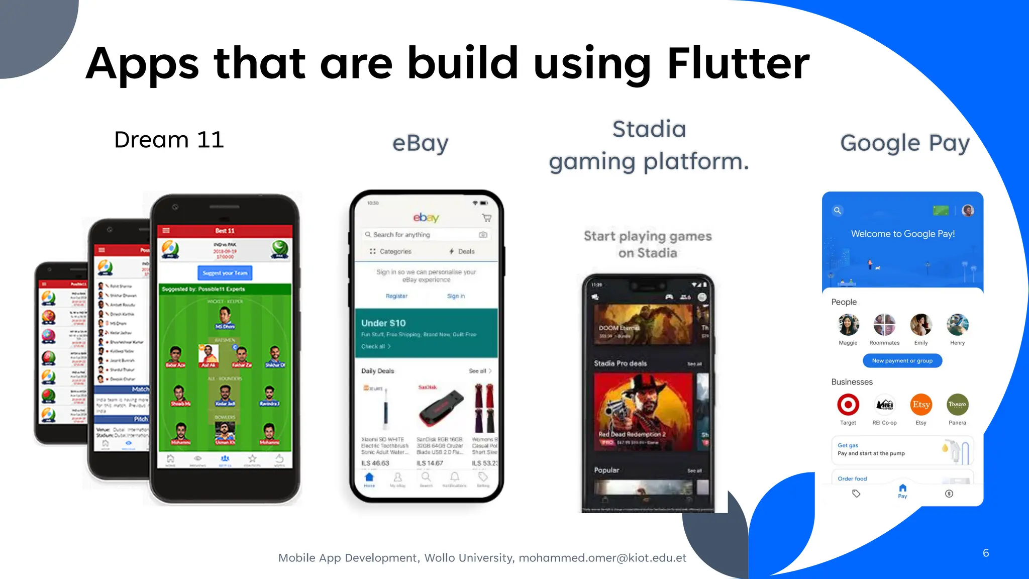 Apps that are build using Flutter
Dream 11 Stadia
gaming platform.
eBay Google Pay
Mobile App Development, Wollo University, mohammed.omer@kiot.edu.et 6
 