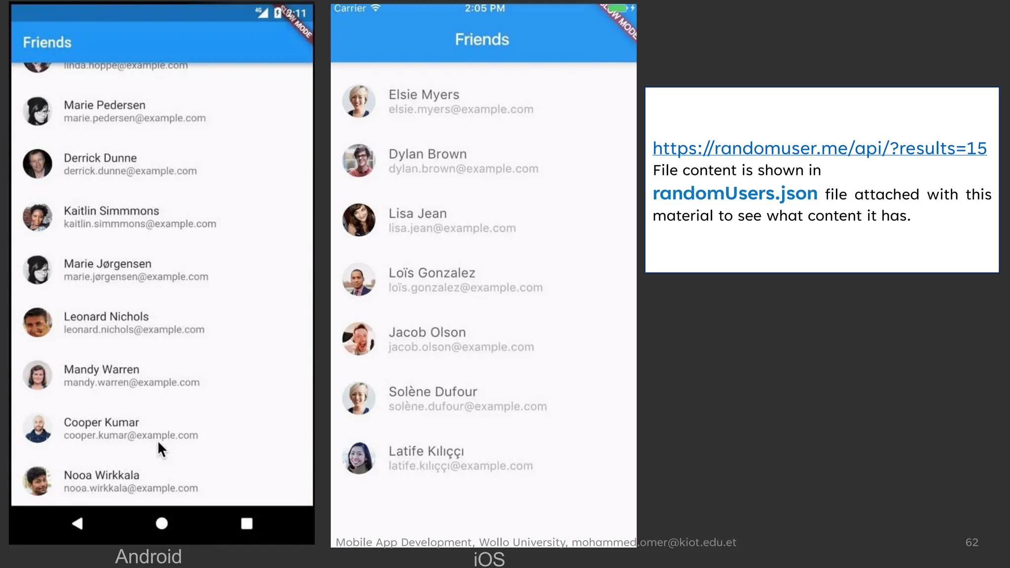 Android iOS
https://randomuser.me/api/?results=15
File content is shown in
randomUsers.json file attached with this
material to see what content it has.
Mobile App Development, Wollo University, mohammed.omer@kiot.edu.et 62
 