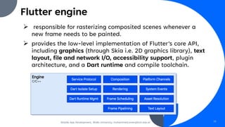 Flutter engine
➢ responsible for rasterizing composited scenes whenever a
new frame needs to be painted.
➢ provides the low-level implementation of Flutter’s core API,
including graphics (through Skia i.e. 2D graphics library), text
layout, file and network I/O, accessibility support, plugin
architecture, and a Dart runtime and compile toolchain.
Mobile App Development, Wollo University, mohammed.omer@kiot.edu.et 11
 