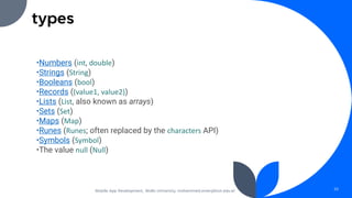types
Mobile App Development, Wollo University, mohammed.omer@kiot.edu.et 25
•Numbers (int, double)
•Strings (String)
•Booleans (bool)
•Records ((value1, value2))
•Lists (List, also known as arrays)
•Sets (Set)
•Maps (Map)
•Runes (Runes; often replaced by the characters API)
•Symbols (Symbol)
•The value null (Null)
 