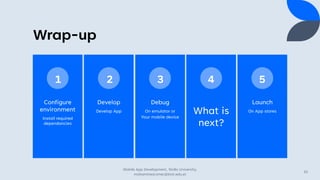 Wrap-up
Configure
environment
Install required
dependancies
Develop
Develop App
Debug
On emulator or
Your mobile device
What is
next?
Launch
On App stores
1 2 3 4 5
Mobile App Development, Wollo University,
mohammed.omer@kiot.edu.et
33
 
