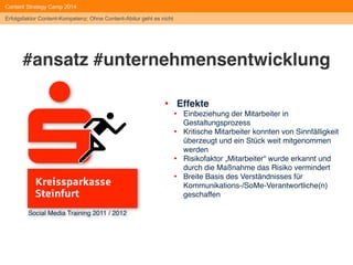 Erfolgsfaktor Content-Kompetenz: Ohne Content-Abitur geht es nicht 
0 
Leichte Brise 
des Bewußtseins 
1 
2 
3 
4 
5 
Hauch der 
Orientierung 
Windstille, 
keine 
Aktivität 
Steife Brise 
der Exploration 
Aktiv unter 
vollen Segeln 
Hart am Wind 
analytisch tätig 
#socialmediareadiness 
Content Strategy Camp 2014 
#einemoeglichebasisfuercontentmarketing 
 