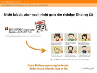 #heddergott 
Content Strategy Camp 2014 
Erfolgsfaktor Content-Kompetenz: Ohne Content-Abitur geht es nicht 
Nicht falsch, aber noch nicht ganz der richtige Einstieg (3) 
Klare Rollenzuweisung bedeutet: 
Jeder muss wissen, was er tut 
 