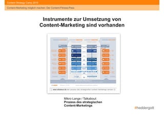 #heddergott
Content-Marketing möglich machen: Der Content-Fitness-Pass
Content Strategy Camp 2015
Mikro Lange / Talkabout: 
Prozess des strategischen
Content-Marketings
Instrumente zur Umsetzung von  
Content-Marketing sind vorhanden
Content-Marketing möglich machen: Der Content-Fitness-Pass
 