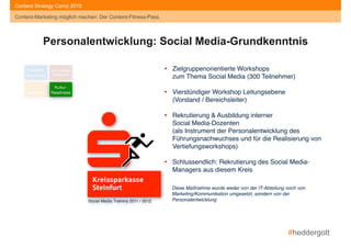 #heddergott
Content-Marketing möglich machen: Der Content-Fitness-Pass
Content Strategy Camp 2015
Social Media Training 2011 / 2012
• Zielgruppenorientierte Workshops 
zum Thema Social Media (300 Teilnehmer)"
"
• Vierstündiger Workshop Leitungsebene 
(Vorstand / Bereichsleiter)"
"
• Rekrutierung & Ausbildung interner 
Social Media-Dozenten 
(als Instrument der Personalentwicklung des
Führungsnachwuchses und für die Realisierung von
Vertiefungsworkshops) 
• Schlussendlich: Rekrutierung des Social Media-
Managers aus diesem Kreis
Diese Maßnahme wurde weder von der IT-Abteilung noch von
Marketing/Kommunikation umgesetzt, sondern von der
Personalentwicklung
Content-Marketing möglich machen: Der Content-Fitness-Pass
Content- 
Readiness
Social Media- 
Readiness
Story- 
Readiness
Kultur- 
Readiness
Personalentwicklung: Social Media-Grundkenntnis
 