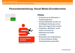 #heddergott
Content-Marketing möglich machen: Der Content-Fitness-Pass
Content Strategy Camp 2015
Content-Marketing möglich machen: Der Content-Fitness-Pass
Effekte!
• Einbeziehung der Mitarbeiter in
Gestaltungsprozess"
• Kritische Mitarbeiter konnten von
Sinnfälligkeit überzeugt und ein
Stück weit mitgenommen werden"
• Risikofaktor „Mitarbeiter“ wurde
erkannt und durch die
Maßnahme das Risiko
vermindert"
• Breite Basis des Verständnisses
für Kommunikations-/SoMe-
Verantwortliche(n) geschaffen
Social Media Training 2011 / 2012
Content- 
Readiness
Social Media- 
Readiness
Story- 
Readiness
Kultur- 
Readiness
Personalentwicklung: Social Media-Grundkenntnis
 