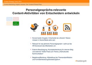 #heddergott
Content-Marketing möglich machen: Der Content-Fitness-Pass
Content Strategy Camp 2015
Content-Marketing möglich machen: Der Content-Fitness-Pass
Content- 
Readiness
Social Media- 
Readiness
Story- 
Readiness
Kultur- 
Readiness
Personalgesprächs-relevante  
Content-Aktivitäten von Entscheidern entwickeln
• Konzernweite Vorgabe: Entscheidet ab „Director“-Ebene
müssen in Social Media aktiv sein"
• Relevant für das jährliche Personalgespräch / zahlt auf die
HR-Scorecard des Mitarbeiters ein"
• Externe Beauftragung: Konzeptentwicklung für internen Blog
und externen Twitter-Feed zum Thema „Interkulturelle
Kommunikation“"
• Begleitung/Beratung, Hilfestellung bei Themenidentiﬁkation
und Formatentwicklung/Darstellungsform
 