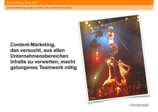 #heddergott
Content-Marketing möglich machen: Der Content-Fitness-Pass
Content Strategy Camp 2015
Content-Marketing,  
das versucht, aus allen
Unternehmensbereichen
Inhalte zu verwerten, macht
gelungenes Teamwork nötig
 
