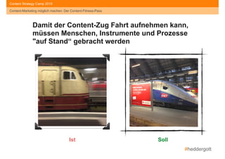 #heddergott
Content-Marketing möglich machen: Der Content-Fitness-Pass
Content Strategy Camp 2015
Damit der Content-Zug Fahrt aufnehmen kann,
müssen Menschen, Instrumente und Prozesse
"auf Stand“ gebracht werden
Ist Soll
 