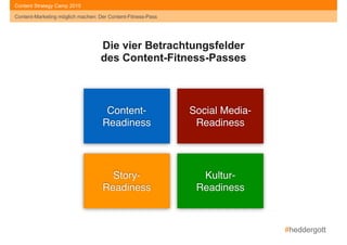 #heddergott
Content-Marketing möglich machen: Der Content-Fitness-Pass
Content Strategy Camp 2015
Content- 
Readiness
Social Media- 
Readiness
Story- 
Readiness
Kultur- 
Readiness
Die vier Betrachtungsfelder
des Content-Fitness-Passes
Content-Marketing möglich machen: Der Content-Fitness-Pass
 