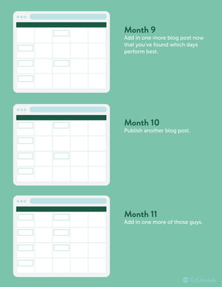 Month 9
Add in one more blog post now
that you’ve found which days
perform best.
Month 10
Publish another blog post.
Month 11
Add in one more of those guys.
 