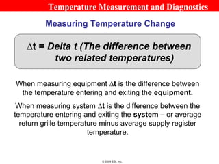 Temperature Measurement and Diagnostics
         Measuring Temperature Change

   ∆t = Delta t (The difference between
         two related temperatures)

When measuring equipment ∆t is the difference between
 the temperature entering and exiting the equipment.
 When measuring system ∆t is the difference between the
temperature entering and exiting the system – or average
  return grille temperature minus average supply register
                        temperature.


                          © 2009 ESI, Inc.
 