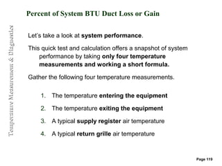 Temperature Measurement & Diagnostics
                                        Percent of System BTU Duct Loss or Gain

                                        Let’s take a look at system performance.

                                        This quick test and calculation offers a snapshot of system
                                            performance by taking only four temperature
                                            measurements and working a short formula.

                                        Gather the following four temperature measurements.


                                            1. The temperature entering the equipment

                                            2. The temperature exiting the equipment

                                            3. A typical supply register air temperature

                                            4. A typical return grille air temperature



                                                                                                      Page 119
 