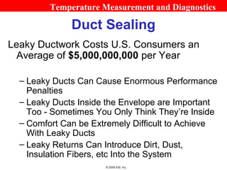 Temperature Measurement and Diagnostics

              Duct Sealing
Leaky Ductwork Costs U.S. Consumers an
  Average of $5,000,000,000 per Year

  – Leaky Ducts Can Cause Enormous Performance
    Penalties
  – Leaky Ducts Inside the Envelope are Important
    Too - Sometimes You Only Think They’re Inside
  – Comfort Can be Extremely Difficult to Achieve
    With Leaky Ducts
  – Leaky Returns Can Introduce Dirt, Dust,
    Insulation Fibers, etc Into the System
                      © 2009 ESI, Inc.
 