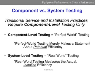 Equipment Performance vs. System Performance


    Component vs. System Testing

Traditional Service and Installation Practices
  Require Component-Level Testing Only

• Component-Level Testing = “Perfect World” Testing

     *Perfect-World Testing Merely Makes a Statement
           About Potential Efficiency

• System-Level Testing = “Real World” Testing
     *Real-Word Testing Measures the Actual,
           Installed Efficiency
                        © 2009 ESI, Inc.
 