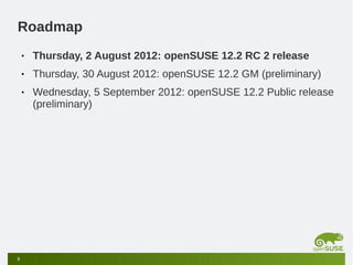 Roadmap
    •   Thursday, 2 August 2012: openSUSE 12.2 RC 2 release
    •   Thursday, 30 August 2012: openSUSE 12.2 GM (preliminary)
    •   Wednesday, 5 September 2012: openSUSE 12.2 Public release
        (preliminary)




3
 