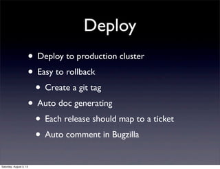 Deploy
• Deploy to production cluster
• Easy to rollback
• Create a git tag
• Auto doc generating
• Each release should ma...