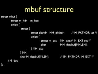 mbuf structure
struct mbuf {
struct m_hdr m_hdr;
union {
struct {
struct pkthdr MH_pkthdr; /* M_PKTHDR set */
union {
struct m_ext MH_ext; /* M_EXT set */
char MH_databuf[MHLEN];
} MH_dat;
} MH;
char M_databuf[MLEN]; /* !M_PKTHDR, !M_EXT */
} M_dat;
};
 