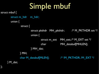 struct mbuf {
struct m_hdr m_hdr;
union {
struct {
struct pkthdr MH_pkthdr; /* M_PKTHDR set */
union {
struct m_ext MH_ext; /* M_EXT set */
char MH_databuf[MHLEN];
} MH_dat;
} MH;
char M_databuf[MLEN]; /* !M_PKTHDR, !M_EXT */
} M_dat;
};
Simple mbuf
 