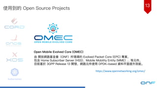 13
使⽤用到的 Open Source Projects
Open Mobile Evolved Core (OMEC)
由 開放網路路基⾦金金會（ONF）所領導的 Evolved Packet Core (EPC) 專案，
包含 Home Subscriber Server (HSS)、Mobile Mobility Entity (MME) … 等元件，
⽬目前基於 3GPP Release 13 開發，網路路元件使⽤用 DPDK-based 資料料平⾯面提升效能。
https://www.opennetworking.org/omec/
 