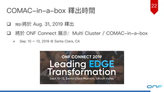 22
COMAC-in-a-box 釋出時間
q 預計將於 Aug. 31, 2019 釋出
q 將於 ONF Connect 展示：Multi Cluster / COMAC-in-a-box
Ø Sep. 10 – 13, 2019 @ Santa Clara, CA
 