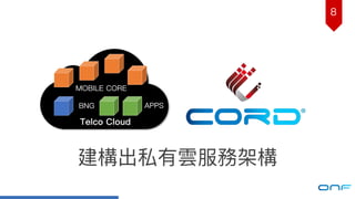 建構出私有雲服務架構
8
Telco Cloud
BNG APPS
MOBILE CORE
 