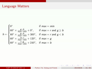 . . . . . .
Language Matters
h =



0◦ if max = min
60◦ × g−b
max−min + 0◦, if max = r and g ≥ b
60◦ × g−b
...