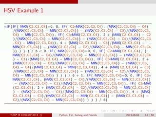 . . . . . .
HSV Example 1
=IF ( IF ( MAX(C2,C3,C4)=0, 0 , IF ( C2=MAX(C2, C3,C4) , (MAX(C2, C3,C4) − C4)
/(MAX(C2, C3,C4) ...