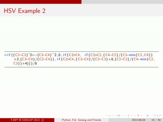 . . . . . .
HSV Example 2
=i f ((C2−C3)^2=−(C3−C4) ^2 ,0 , i f (C3>C4, i f (C3>C2 , ( C4−C2) /(C3−min(C2,C4) )
+2,(C3−C4) ...