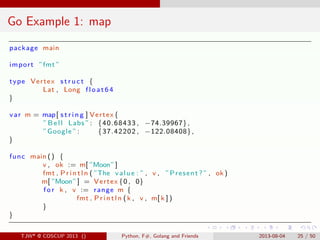 . . . . . .
Go Example 1: map
package main
import ”fmt”
type Vertex struct {
Lat , Long float64
}
var m = map[ s t r i n g...