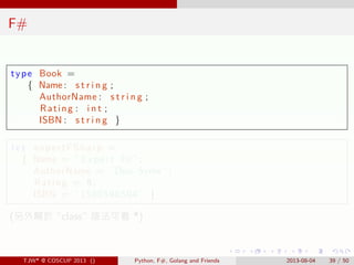 . . . . . .
F#
type Book =
{ Name : s t r i n g ;
AuthorName : s t r i n g ;
Rating : i n t ;
ISBN : s t r i n g }
l e t e...