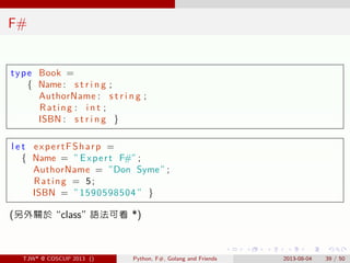 . . . . . .
F#
type Book =
{ Name : s t r i n g ;
AuthorName : s t r i n g ;
Rating : i n t ;
ISBN : s t r i n g }
l e t e...