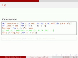 . . . . . .
F#
Comprehension
l e t products = [ f o r x in vec1 do f o r y in vec2 do y i e l d x*y ]
l e t vseq = seq { f...