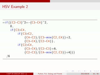 . . . . . .
HSV Example 2
=i f (( C2−C3)^2=−(C3−C4) ^2 ,
0 ,
i f (C3>C4 ,
i f (C3>C2 ,
(C4−C2) /(C3−min (C2 , C4) ) +2,
(C...