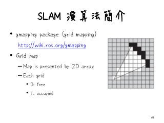 SLAM 演算法簡介
• gmapping package (grid mapping)
http://wiki.ros.org/gmapping
• Grid map
–Map is presented by 2D array
–Each grid
• 0: free
• 1: occupied
55
 