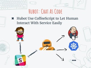 Hubot: Chat As Code
✖ Hubot Use CoffeeScript to Let Human
Interact With Service Easily
...
 