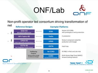 COSCUP 2018
x
ONF/Lab
Non-profit operator led consortium driving transformation of
network infrastructure and carrier business models
Specification (OpenFlow)
Reference Design/Exemplar platforms
9
 