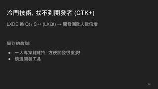 冷門技術，找不到開發者 (GTK+)
LXDE 換 Qt / C++ (LXQt) → 開發團隊人數倍增
學到的教訓:
● 一人專案難維持，方便開發很重要!
● 慎選開發工具
16
 