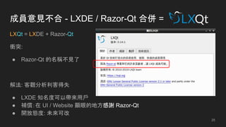 成員意見不合 - LXDE / Razor-Qt 合併 =
LXQt = LXDE + Razor-Qt
衝突:
● Razor-Qt 的名稱不見了
解法: 客觀分析利害得失
● LXDE 知名度可以帶來用戶
● 補償：在 UI / Website 顯眼的地方感謝 Razor-Qt
● 開放態度: 未來可改
25
 