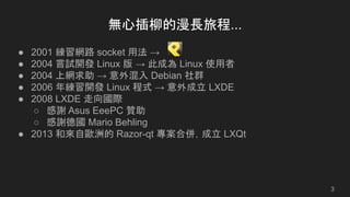 無心插柳的漫長旅程...
● 2001 練習網路 socket 用法 →
● 2004 嘗試開發 Linux 版 → 此成為 Linux 使用者
● 2004 上網求助 → 意外混入 Debian 社群
● 2006 年練習開發 Linux 程式 → 意外成立 LXDE
● 2008 LXDE 走向國際
○ 感謝 Asus EeePC 贊助
○ 感謝德國 Mario Behling
● 2013 和來自歐洲的 Razor-qt 專案合併，成立 LXQt
3
 