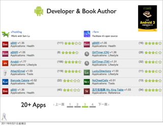 Developer & Book Author


aTrackDog                         rTerm
Work with Sam Lu                  Facilitate it’s open source




        20+ Apps
 