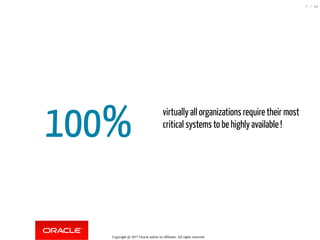 100%
 
virtually all organizations require their most
critical systems to be highly available !
Copyright @ 2017 Oracle and/or its affiliates. All rights reserved.
7 / 84
 